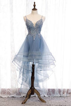 Lovely Blue High Low V-Neckline Straps Party Dress, New Straps Formal Prom Dress