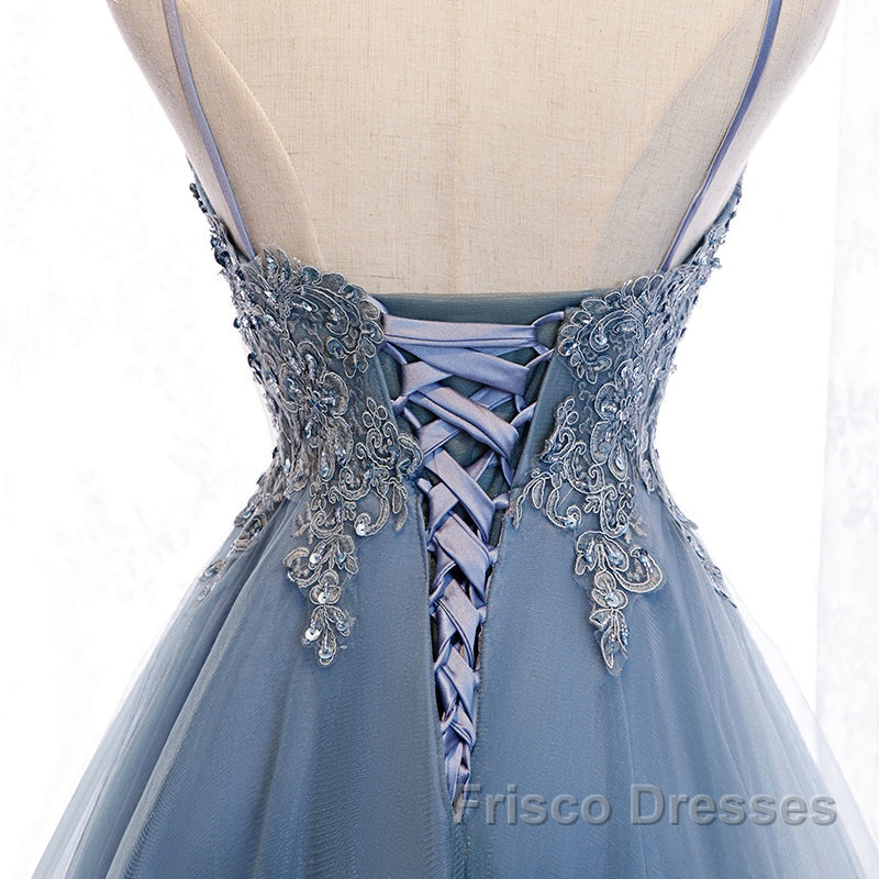 Lovely Blue High Low V-Neckline Straps Party Dress, New Straps Formal Prom Dress