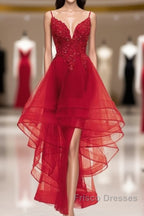 Lovely Blue High Low V-Neckline Straps Party Dress, New Straps Formal Prom Dress