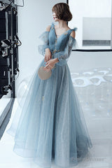 Lovely Blue Long Sleeves Tulle Long Wedding Party Dresses, Blue Prom Dresses