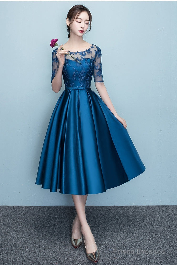 Lovely Blue Short Sleeves Lace And Satin Party Dress, Blue Homecoming Dresses Main image