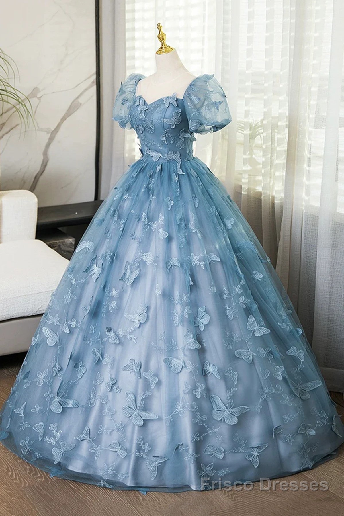 Lovely Blue Short Sleeves Long Party Dress With Butterfly Lace, Blue Prom Dress Secondary image