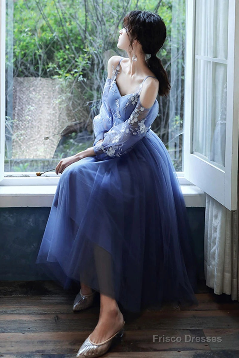 Lovely Blue Short Tea Length Party Dress, Puffy Sleeves Tulle Formal Dress