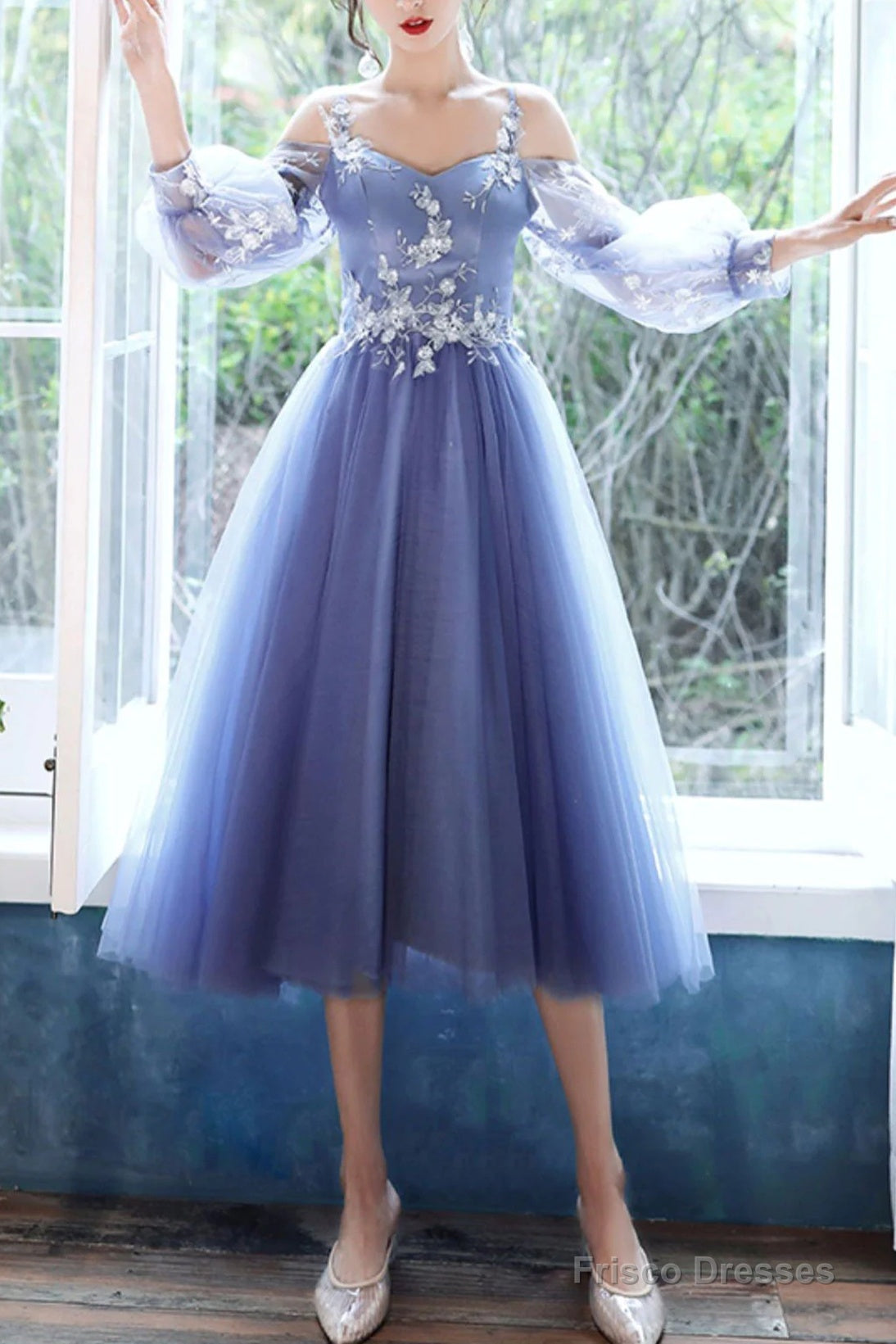 Lovely Blue Short Tea Length Party Dress, Puffy Sleeves Tulle Formal Dress Main image