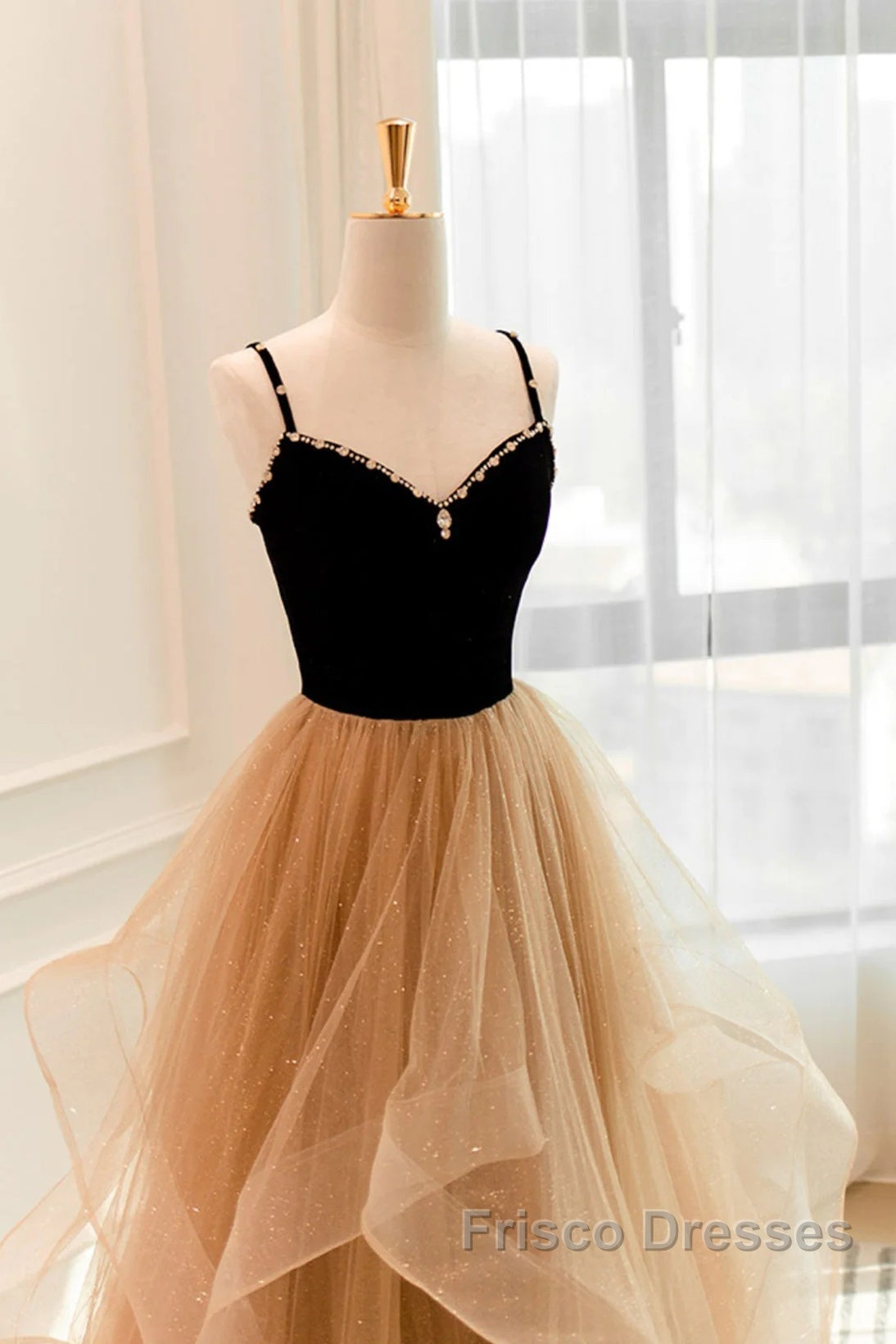 Lovely Champagne A-Line Beaded Strap Party Dress, Tulle Layers Long Formal Prom Dress Secondary image