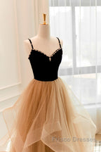 Lovely Champagne A-Line Beaded Strap Party Dress, Tulle Layers Long Formal Prom Dress