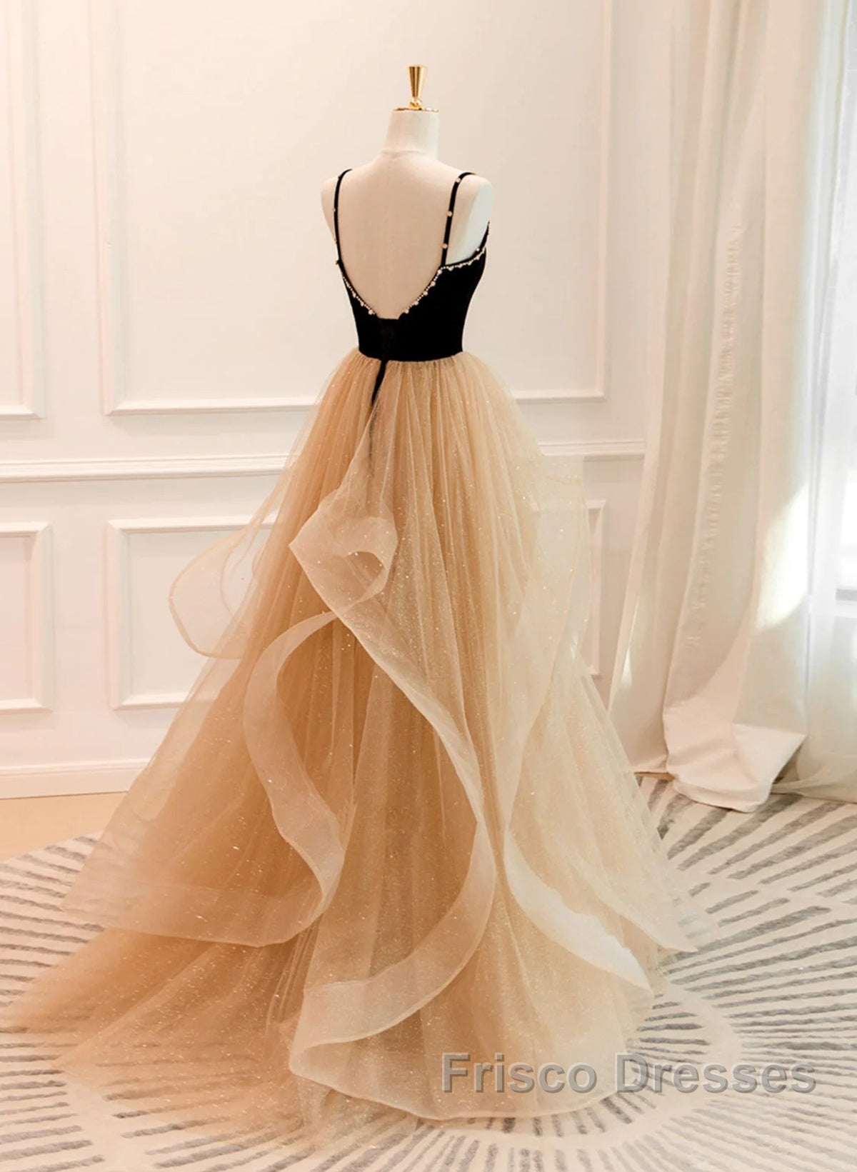 Lovely Champagne A-Line Beaded Strap Party Dress, Tulle Layers Long Formal Prom Dress