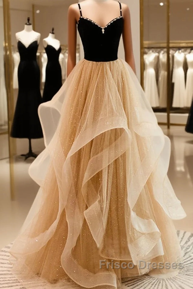 Lovely Champagne A-Line Beaded Strap Party Dress, Tulle Layers Long Formal Prom Dress Main image