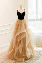 Lovely Champagne A-Line Beaded Strap Party Dress, Tulle Layers Long Prom Dress