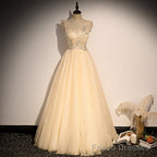 Lovely Champagne Sequins Long Party Dress, A-line Tulle Formal Dress