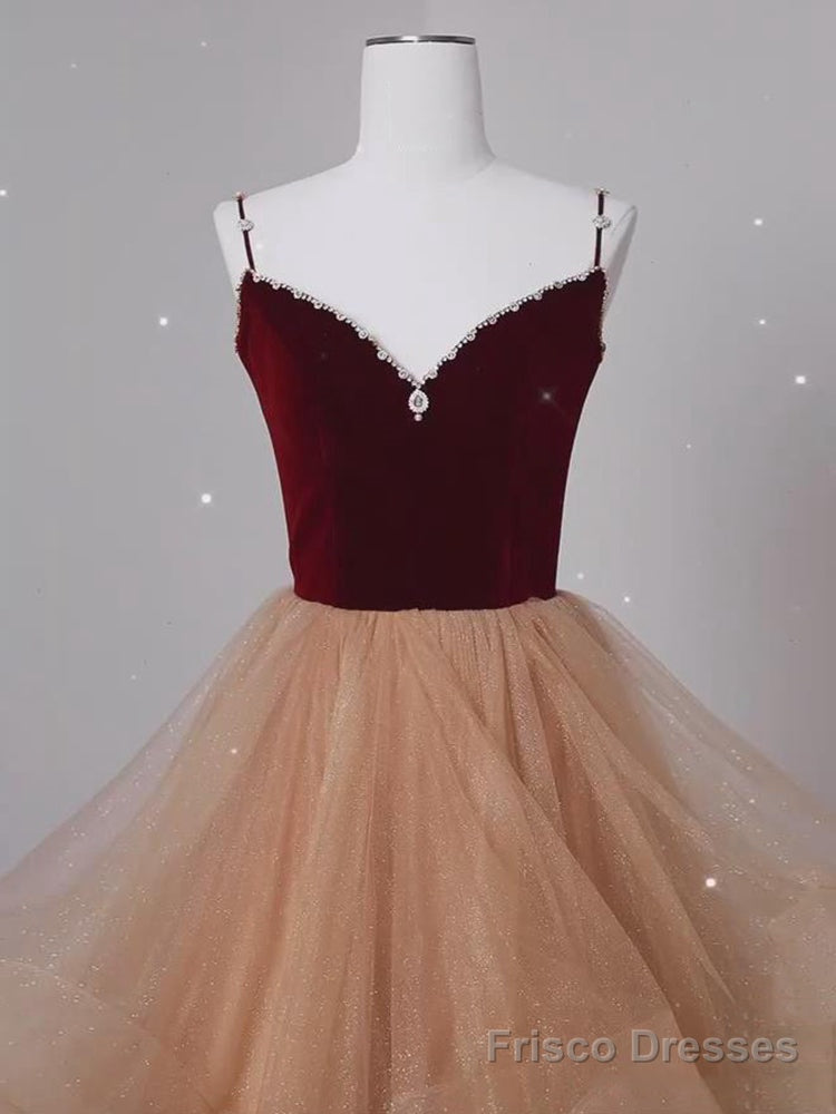 Lovely Champagne Tulle and Wine Red Velvet Straps Prom Dress, A-line Long Party Dress Secondary image