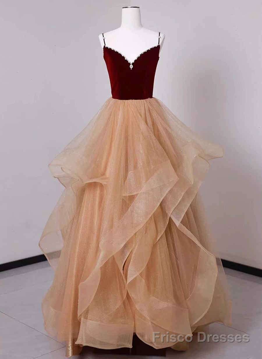 Lovely Champagne Tulle and Wine Red Velvet Straps Prom Dress, A-line Long Party Dress Main image