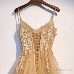 Lovely Champagne Tulle with Lace Long Formal Dress, Champagne Prom Dress