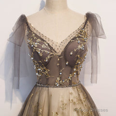 Lovely Champagne V-Neckline Tulle Long Prom Dress Party Dress, Formal Gown