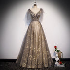 Lovely Champagne V-Neckline Tulle Long Prom Dress Party Dress, Formal Gown