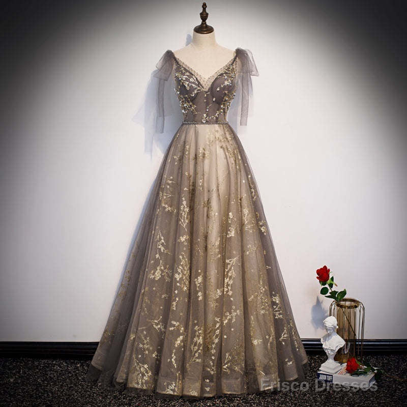 Lovely Champagne V-Neckline Tulle Long Prom Dress Party Dress, Formal Gown