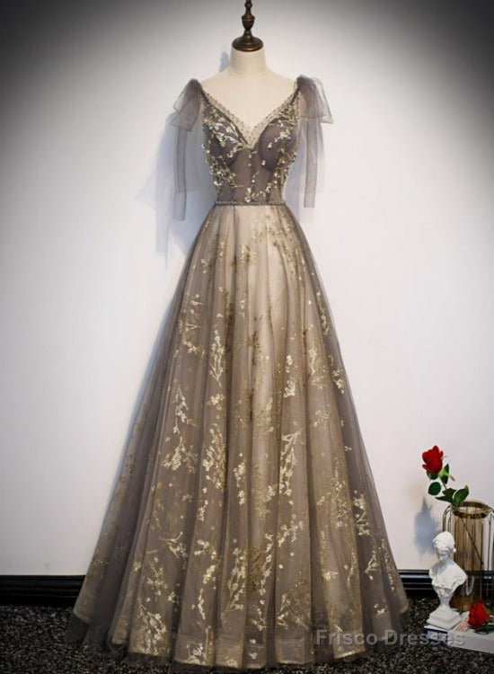 Lovely Champagne V-Neckline Tulle Long Prom Dress Party Dress, Formal Gown Main image
