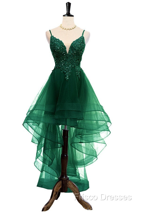 Lovely Dark Green High Low Chic Party Dress Formal Prom Dress, V-Neckline Straps Homecoming Dress