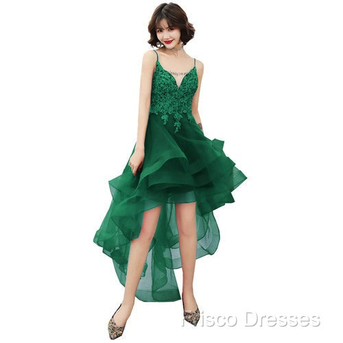 Lovely Dark Green High Low Chic Party Dress Formal Prom Dress, V-Neckline Straps Homecoming Dress