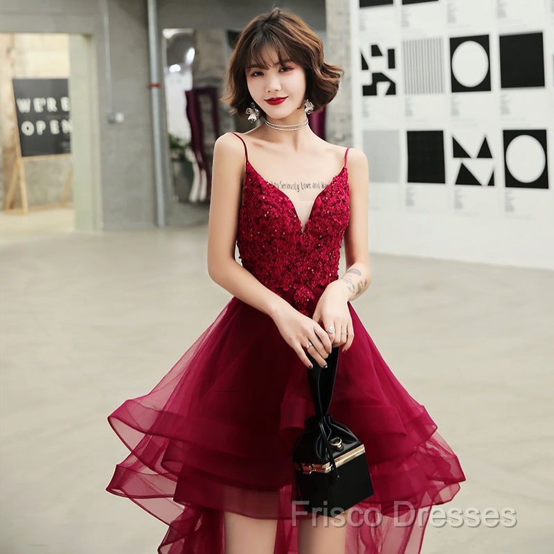 Lovely Dark Green High Low Chic Party Dress Formal Prom Dress, V-Neckline Straps Homecoming Dress