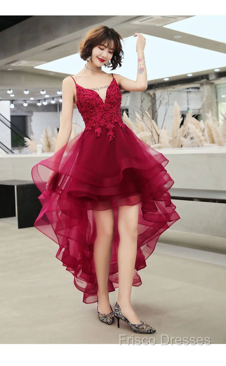 Lovely Dark Green High Low Chic Party Dress Formal Prom Dress, V-Neckline Straps Homecoming Dress