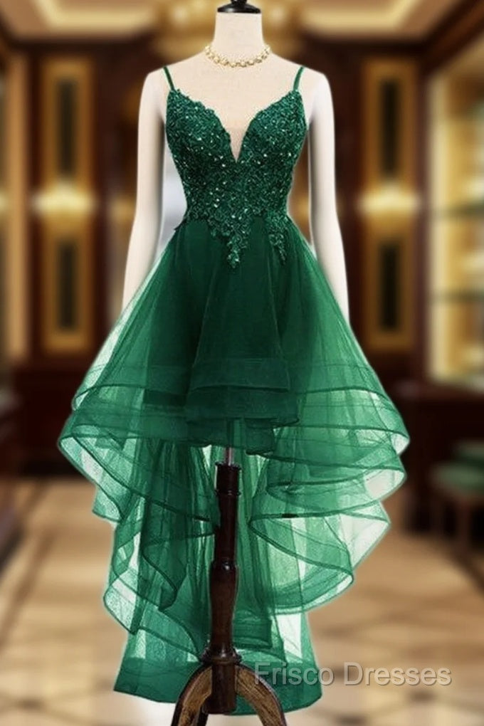 Lovely Dark Green High Low Chic Party Dress Formal Prom Dress, V-Neckline Straps Homecoming Dress Main image