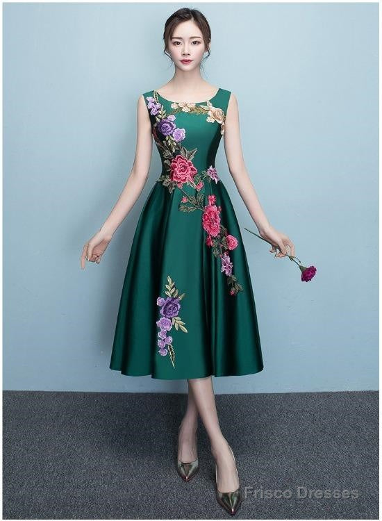 Lovely Dark Green Tea Length Simple Satin Bridesmaid Dress Prom Dress Main image