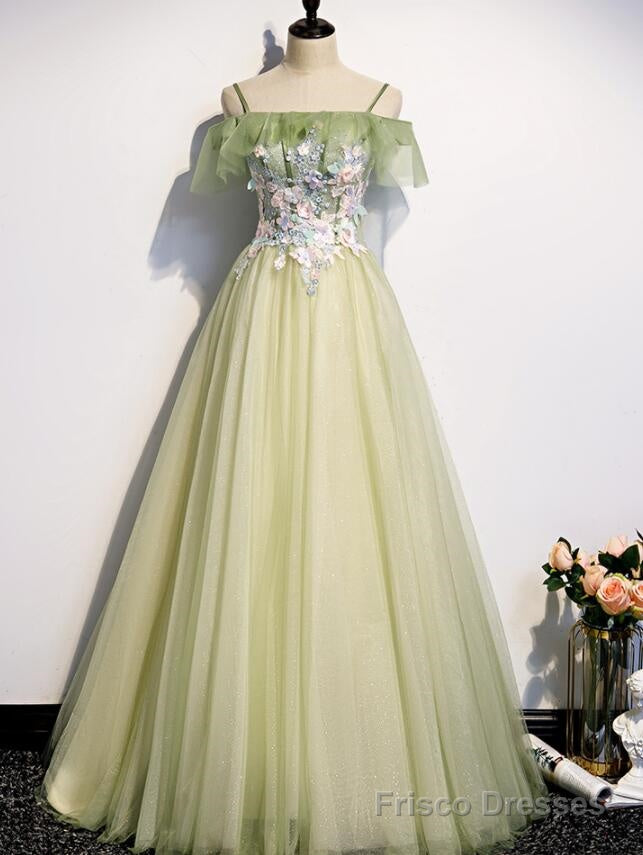 Lovely Flowers Off Shoulder Tulle Long Party Dress, A-line Tulle Light Green Prom Dress Secondary image