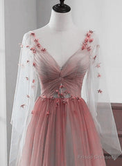 Lovely Gradient A-Line Tulle Long Sleeves Party Dress, Gradient Prom Dress
