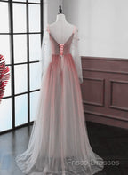 Lovely Gradient A-Line Tulle Long Sleeves Party Dress, Gradient Formal Prom Dress