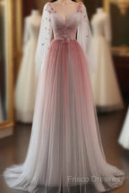 Lovely Gradient A-Line Tulle Long Sleeves Party Dress, Gradient Formal Prom Dress