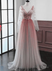 Lovely Gradient A-Line Tulle Long Sleeves Party Dress, Gradient Prom Dress