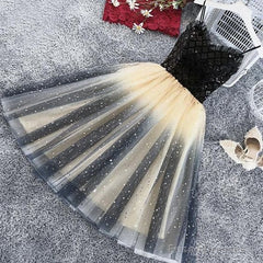Lovely Gradient Tulle Black Top Short Party Dress, Spaghetti Strap Cute Homecoming Dress