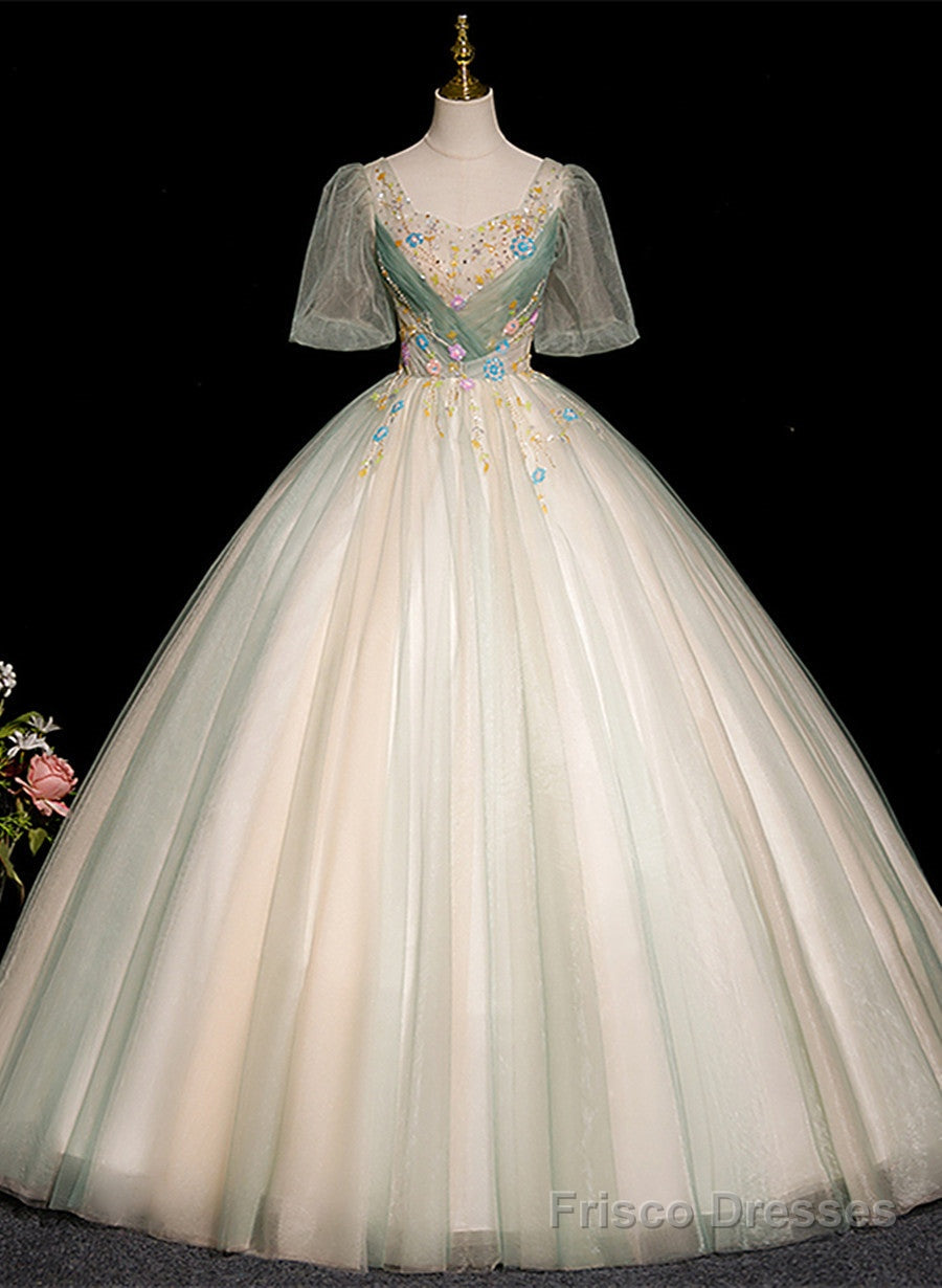 Lovely Green and Champagne Tulle Long Formal Dress, Ball Gown Party Dress Secondary image