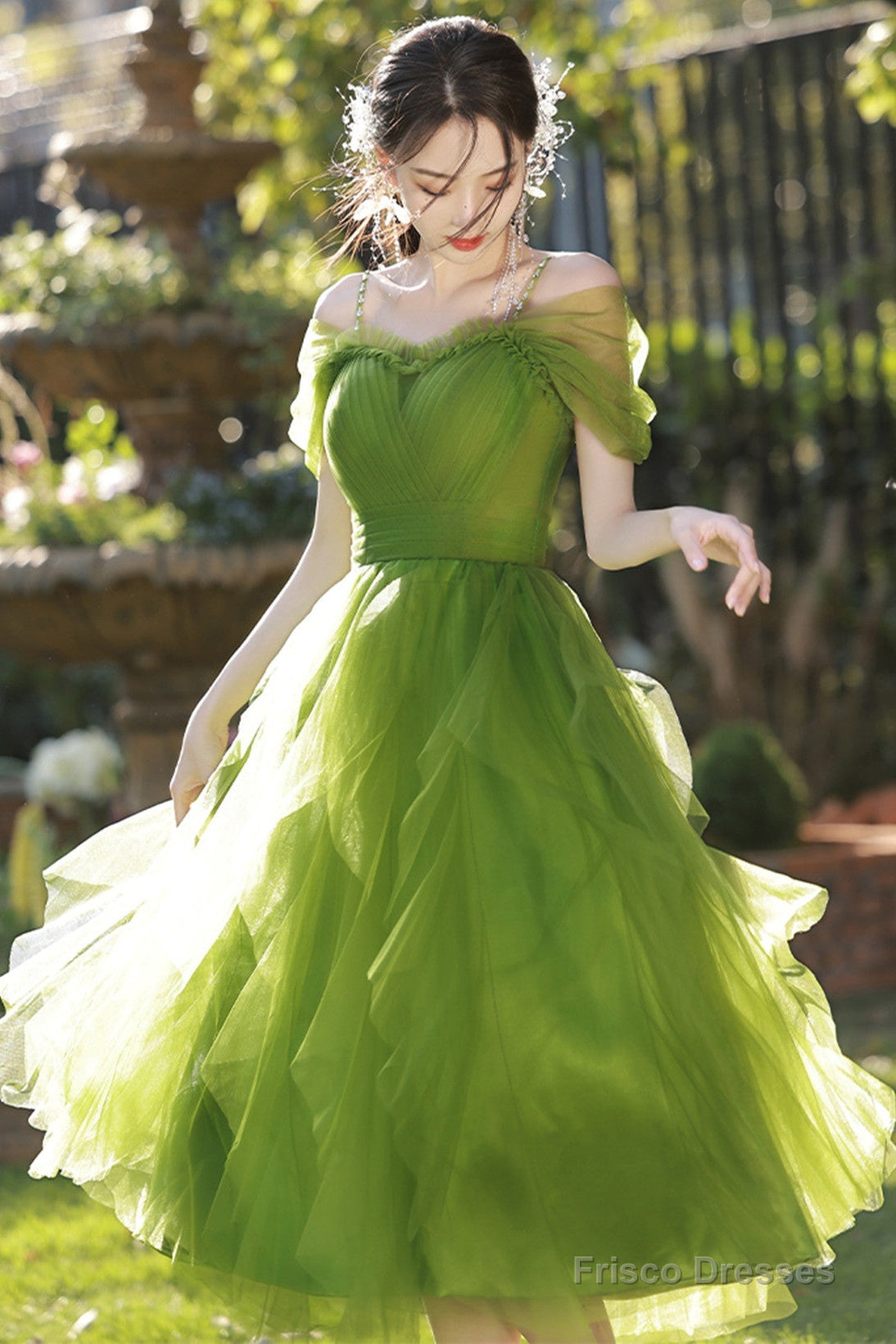 Lovely Green Tulle Beaded Straps Short Party Dress, Green Short Homecoming Dress