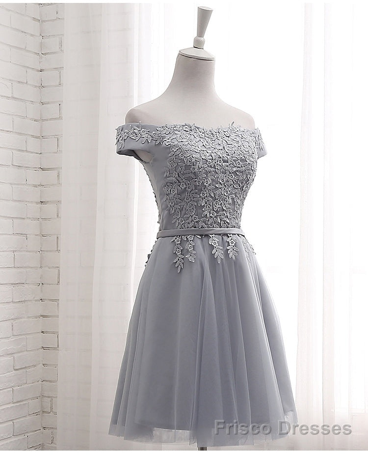 Lovely Grey Short Tulle Party Dress with Lace Applique, Bridesmaid Dresses  Cute Formal Dress Main image