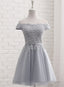 Lovely Grey Short Tulle Party Dress with Lace Applique, Bridesmaid Dresses  Cute Formal Dress