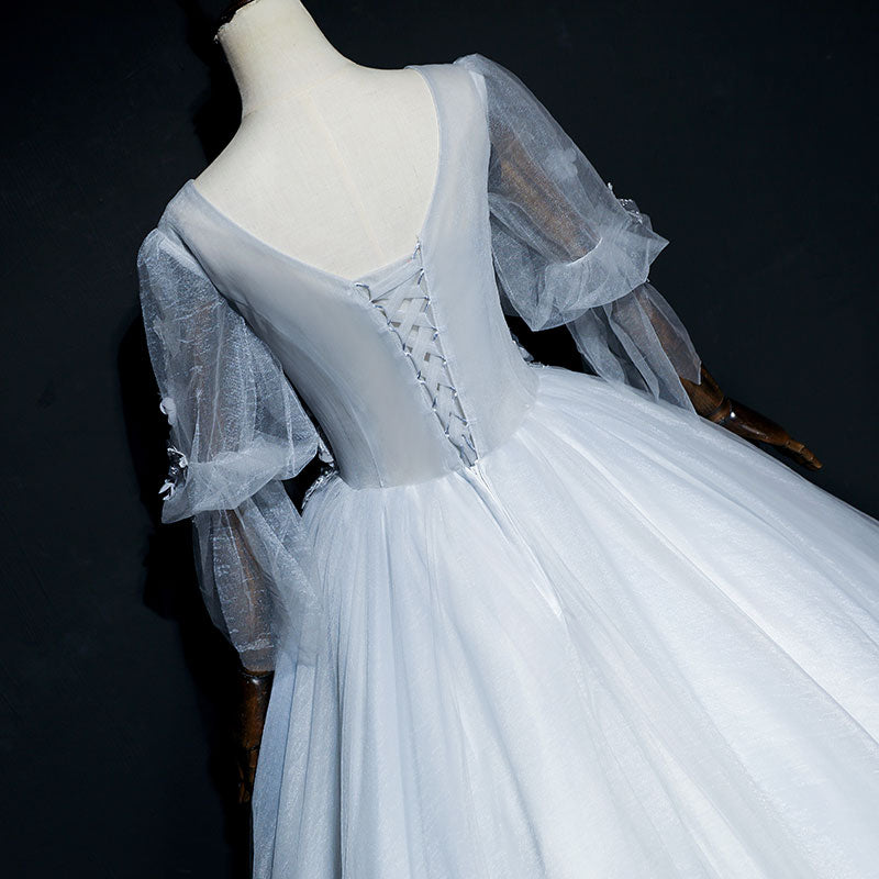 Lovely Grey Tulle Puffy Sleeves with Lace Long Formal Dress, Sweet 16 Dresses