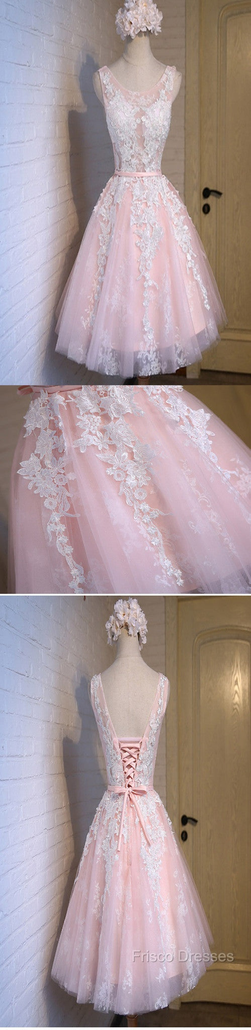 Lovely Junior Pink White Lace Appliques Lace Up Back Sleeveless Homecoming Dress