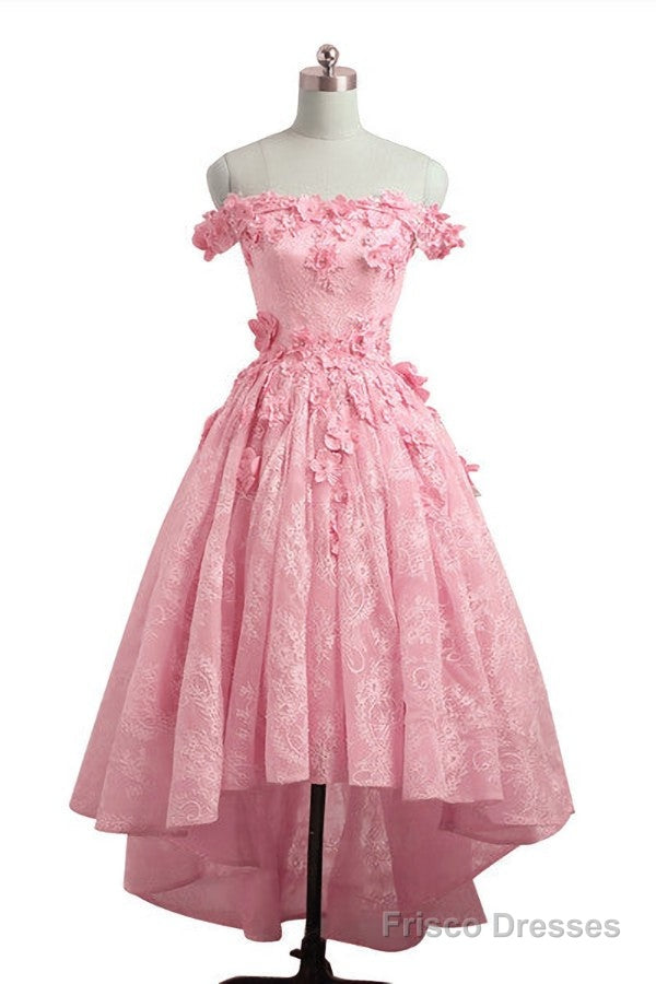 Lovely Lace Off Shoulder Pink Homecoming Dress, High Low Formal Dress Main image