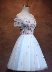 Lovely Light Blue Tulle Knee Length Homecoming Dress, Cute Floral Party Dress