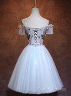Lovely Light Blue Tulle Knee Length Homecoming Dress, Cute Floral Party Dress