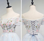 Lovely Light Blue Tulle Knee Length Homecoming Dress, Cute Floral Party Dress