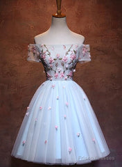 Lovely Light Blue Tulle Knee Length Homecoming Dress, Cute Floral Party Dress