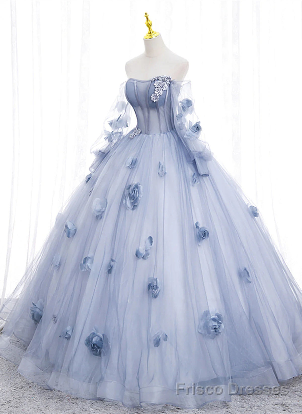 Lovely Light Blue Tulle Long Sleeves Sweet 16 Dress, Light Blue Flowers Formal Dress. Main image