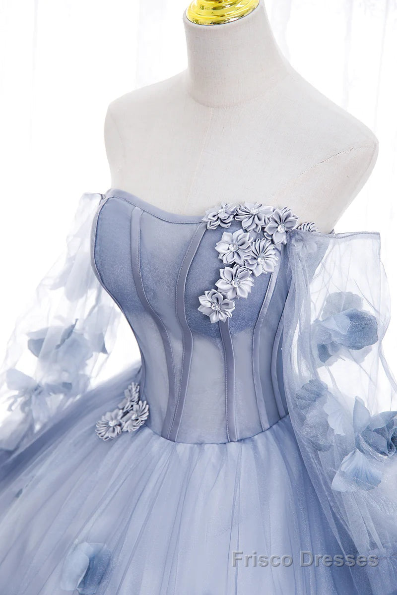 Lovely Light Blue Tulle Long Sleeves Sweet 16 Dress, Light Blue Flower Frisco Dresses Lovely Light Blue Tulle Long Sleeves Sweet 16 Dress, Light Blue Flower Frisco Dresses