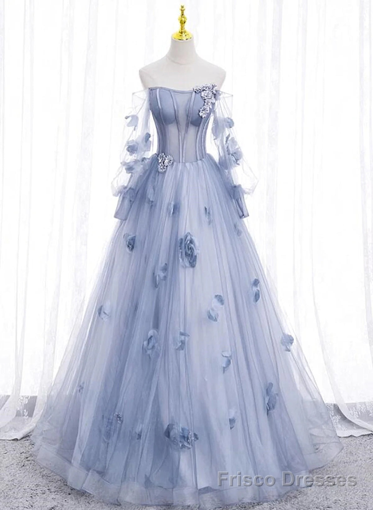 Lovely Light Blue Tulle Long Sleeves Sweet 16 Dress, Light Blue Flower Frisco Dresses Lovely Light Blue Tulle Long Sleeves Sweet 16 Dress, Light Blue Flower Frisco Dresses