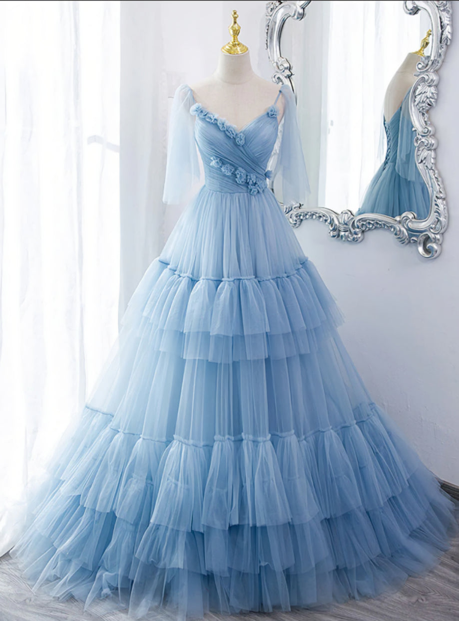Lovely Light Blue Tulle with Straps Layers Long Formal Dresses, Blue Evening Gown Party Dresses Secondary image