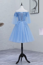 Lovely Light Blue With Lace Off Shoulder Short Formal Prom Dress, Blue Homecoming Dress