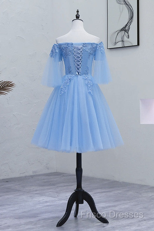 Lovely Light Blue With Lace Off Shoulder Short Formal Prom Dress, Blue Homecoming Dress